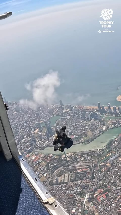 Instagram post by @icctrophytour for ICC T20 World Cup. Caption reads: From the skies to the spotlight 🪂🏆 The....
