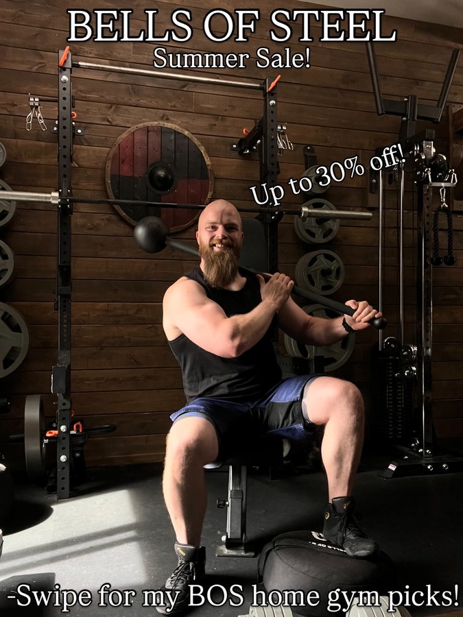 Instagram post by @tanktolman for Bells of Steel. Caption reads: HAMMAR! 🤝🏻⚒️ @bellsofsteel Summer Sale is here!....