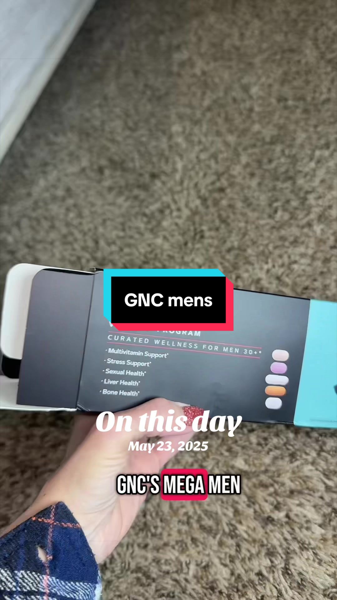 TikTok post by @melaniedavisfinds for GNÇ. Caption reads: #onthisday @GNÇ #vitapak #gncvitapak #mensvitamins.