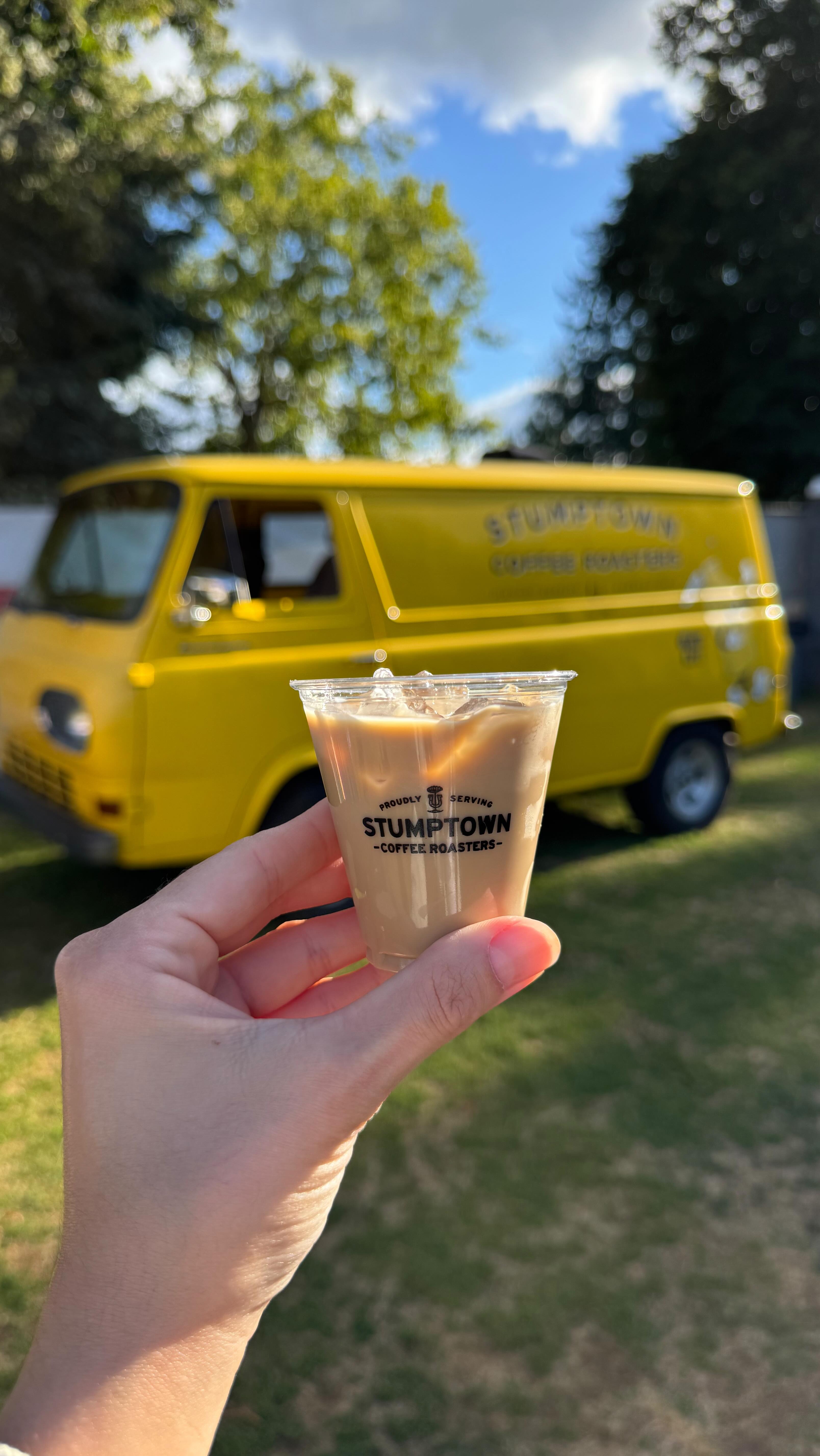 Instagram post by @michelevenlee for Oatly. Caption reads: Caught the @stumptowncoffee Yellow Van at....