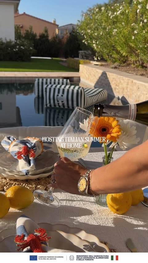 Instagram post by @madeline_devaux for Prosecco DOC. Caption reads: [...] to my poolside dinner parties 🥰....