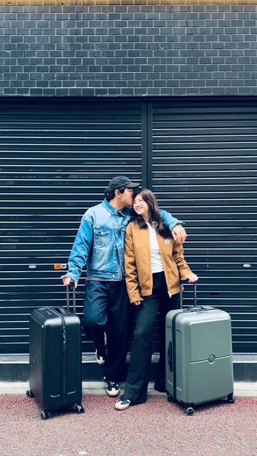 Instagram post by @chelseamaey for DELSEY PARIS. Caption reads: Luggage that moves with us. 🚶 🚶‍♀️ Enjoyed our....