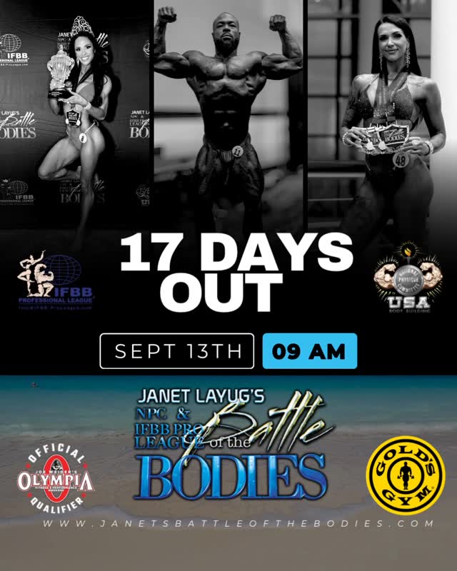Instagram post by @npcfloridaofficialpage for Drink LMNT. Caption reads: ‼️17 DAYS OUT ‼️

GOLD’S GYM 
💎 2025 NPC/IFBB PRO....