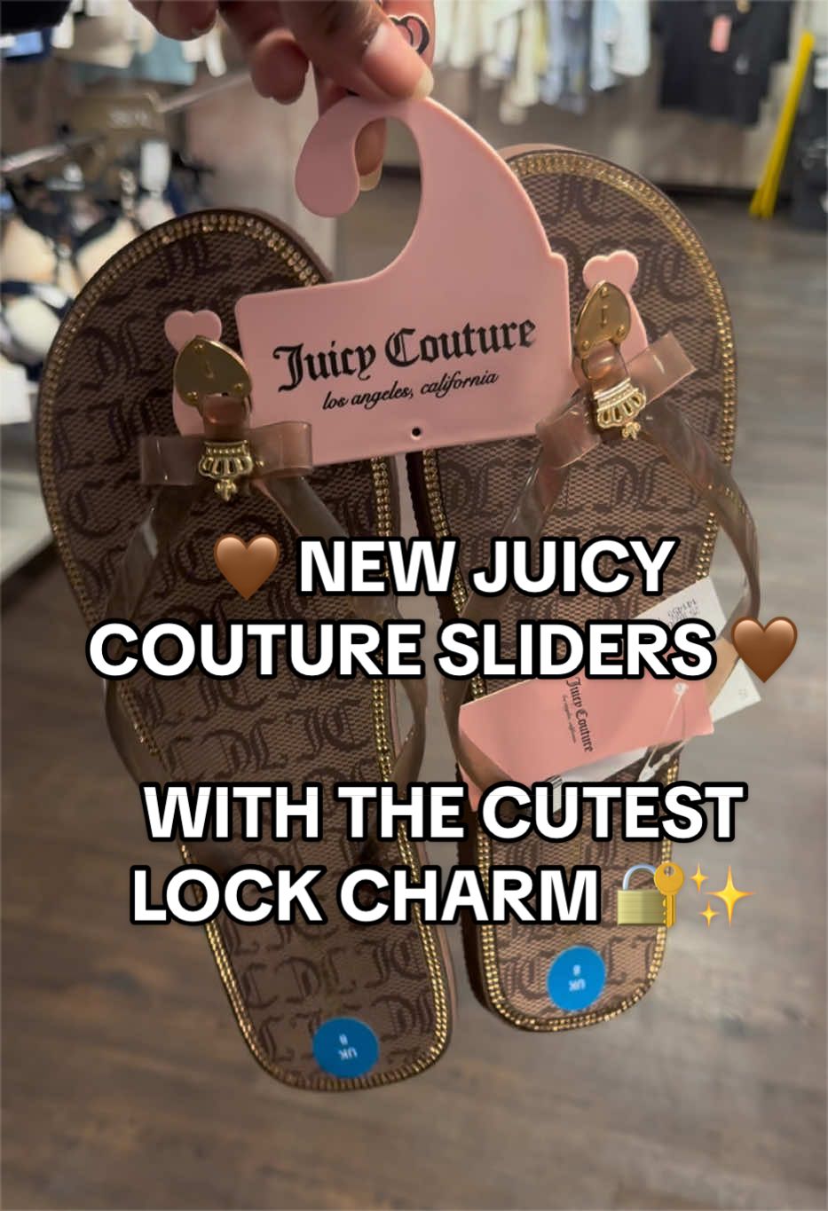 TikTok post by @kourteeyx for Juicy Couture. Caption reads: The new Brown Juicy Couture sliders with the....
