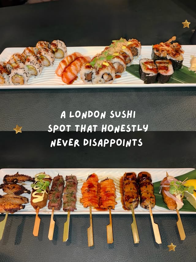 Instagram post by @whatgabyate for Sticks'n'Sushi. Caption reads: a London sushi spot that never disappoints! had an....