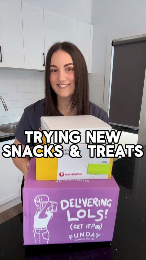 Instagram post by @snackreviews_aus for FUNDAY Natural Sweets. Caption reads: 🎁 Let’s try some NEW snacks and treats! 🎁....