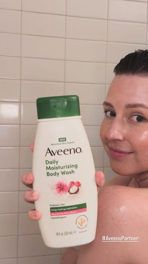 Instagram post by @thekatiethurston for Aveeno. Caption reads: #AveenoPartner Sensitive skin usually means [...].