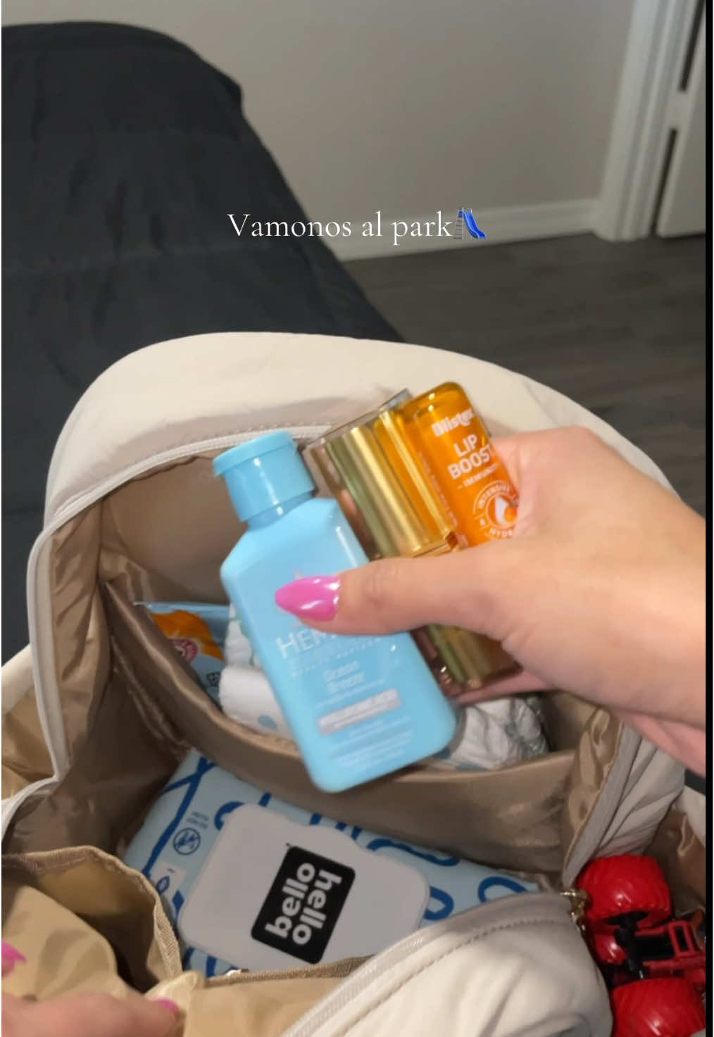 TikTok post by @esmeralda.fuentess for Hello Bello. Caption reads: [...] @ARM & HAMMER™ Personal Care @Hempz @Hello....