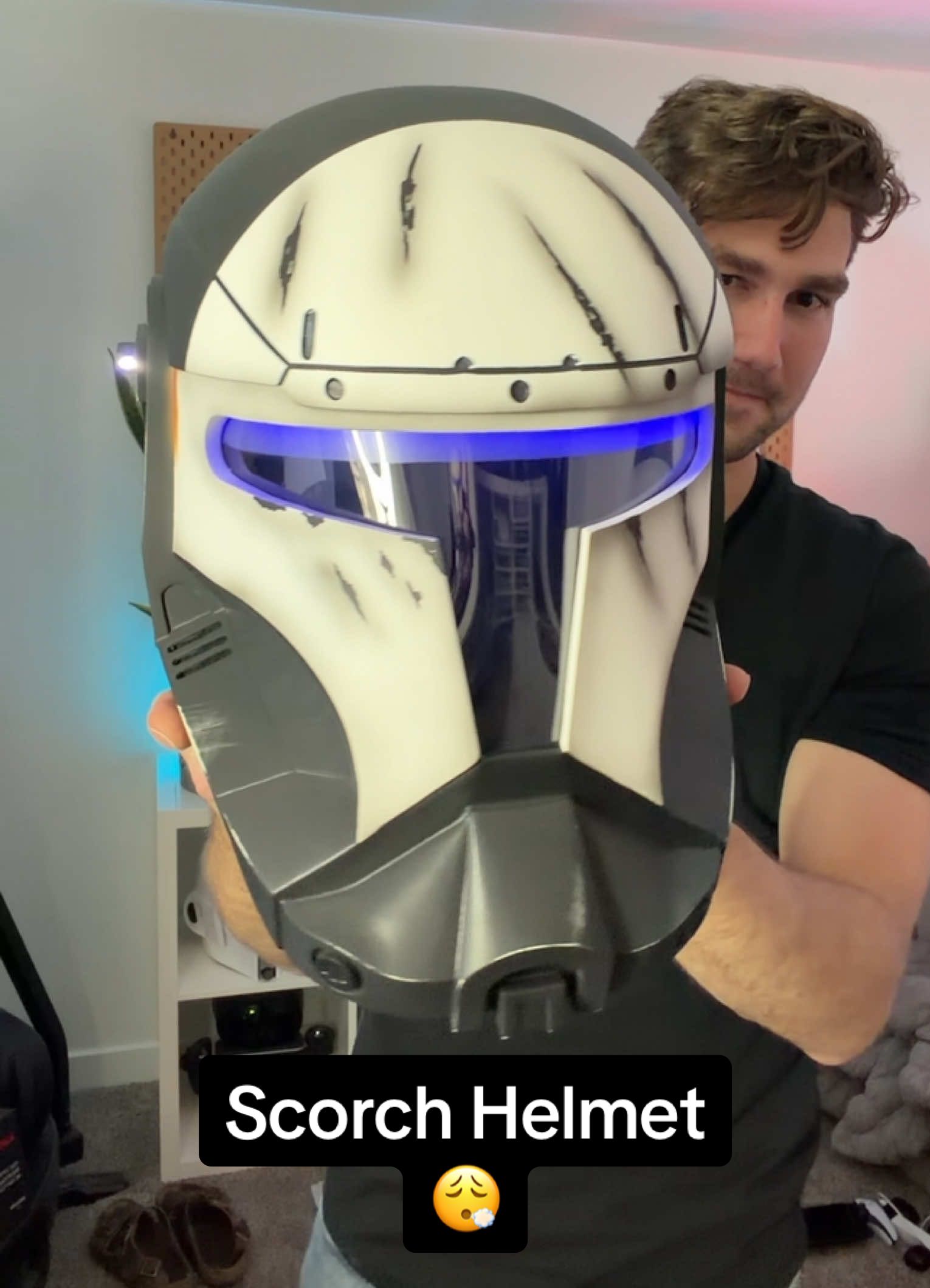 TikTok post by @garett_the_gamer for CyberCraft. Caption reads: [...] 😮‍💨 #cosplay #helmet #starwars #cybercraft....