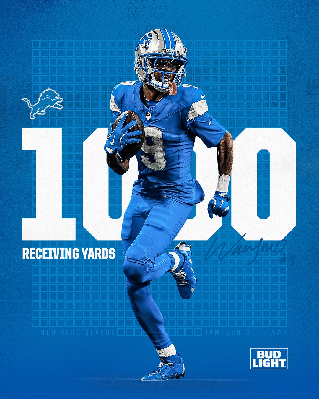 Instagram post by @detroitlionsnfl for Bud Light. Caption reads: Shout out to Jamo for his first 1K season!.