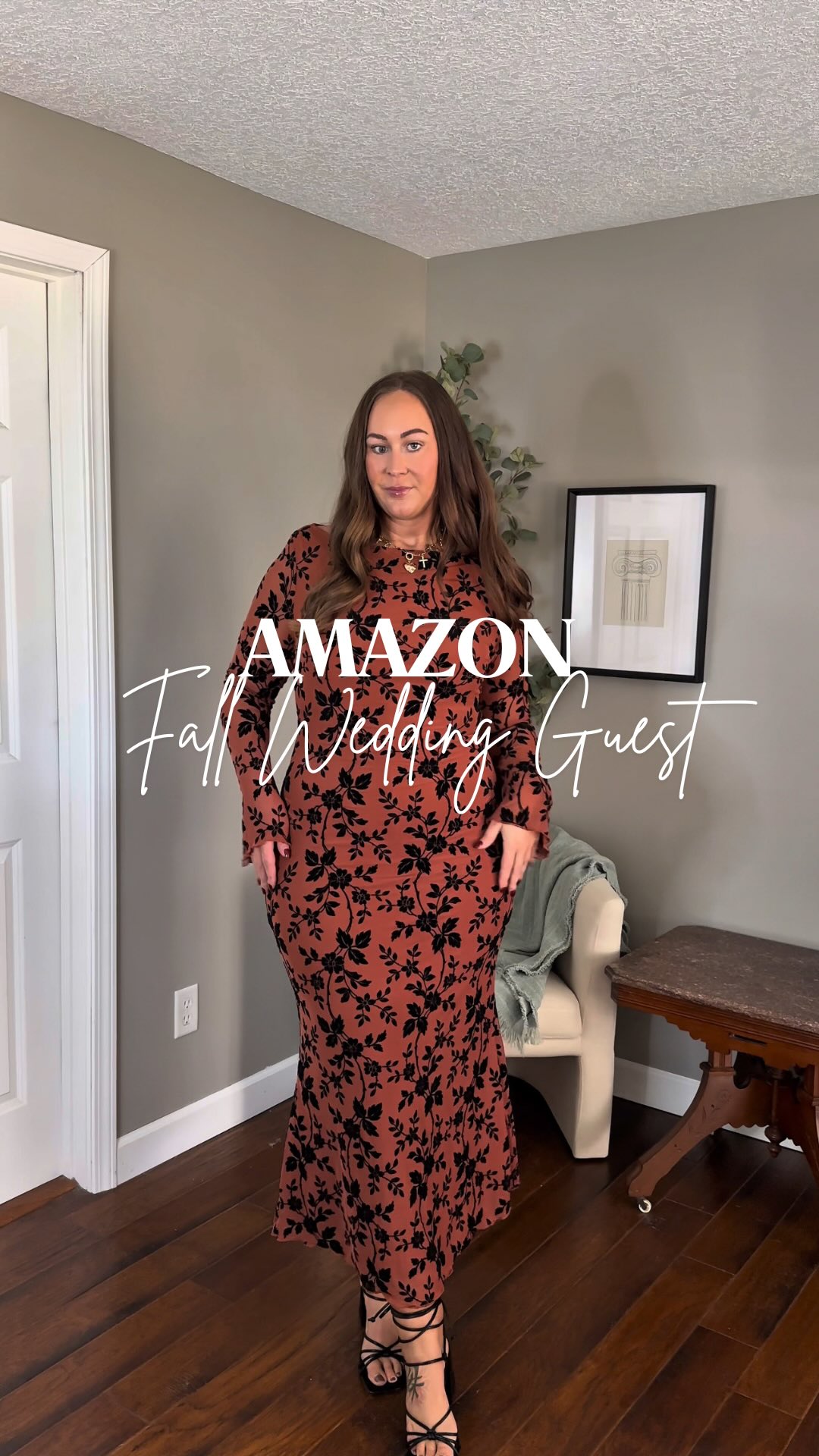 Instagram post by @styledandtaylered for Shaperx. Caption reads: [...] Fall wedding guests dress season 🍁🍂....