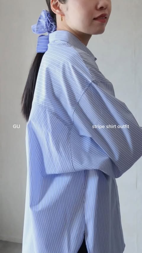 Instagram post by @hina_wear123 for GU. Caption reads: GU 🩵 珍しくカラーアイテム（春だから🫰🏻？） シャツとシュシュを [...].