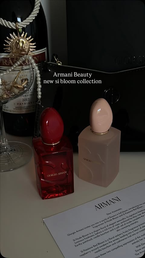 Instagram post by @anastasiia.boh for Armani beauty. Caption reads: new @armanibeauty si bloom fragrances💋....