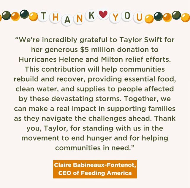 Instagram post by @swiftiesforeternity for Feeding America. Caption reads: To no one’s surprise, Taylor just donated $5....