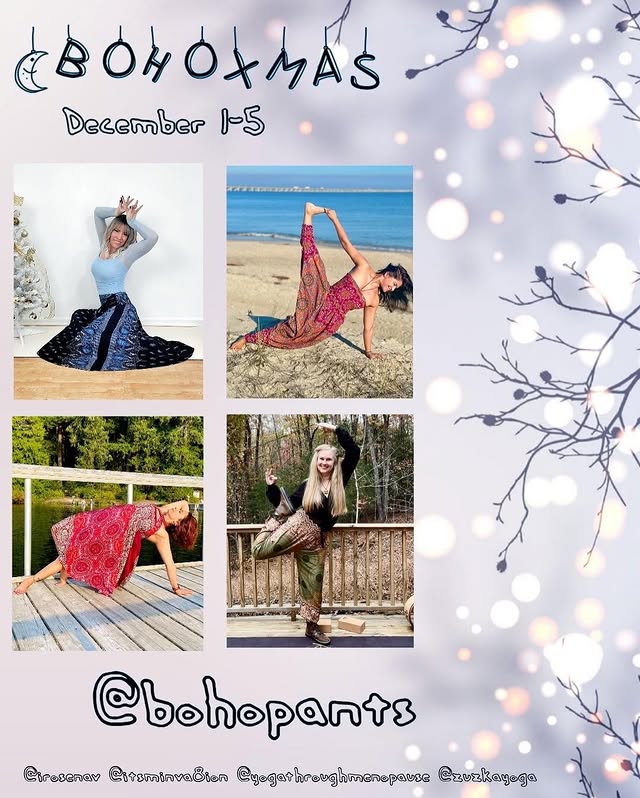 Instagram post by @iconicyogis for Boho Pants. Caption reads: #BohoXmas
December 1-5

December is here and....