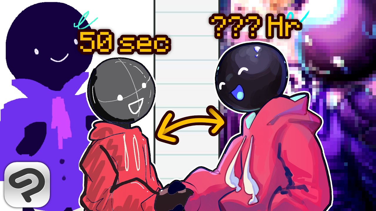 YouTube post by @orbs_orb for Clip Studio Paint. Caption reads: 5-min vs. 5-hour Art Challenge.