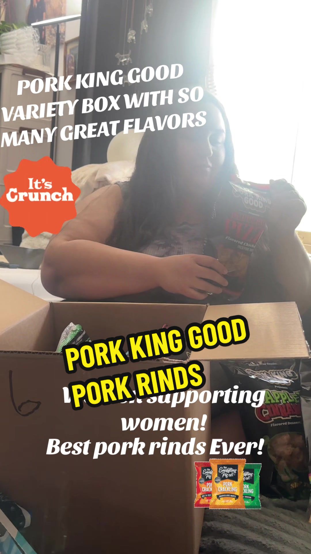 TikTok post by @sheriecewebbcampb for Pork King Good. Caption reads: #porkkinggood #porkrinds #flavoredporkrinds [...].