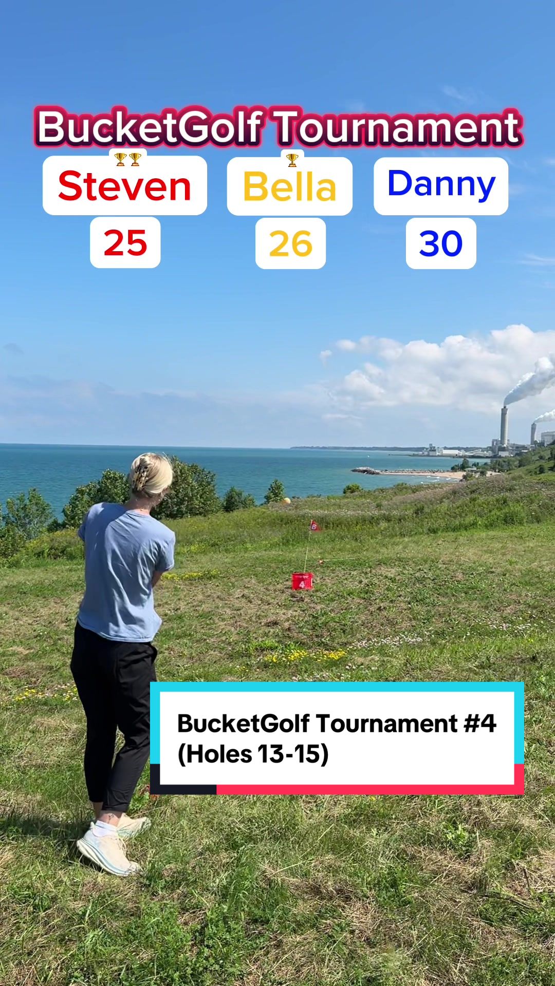 TikTok post by @dannysanicki for Bucketgolf Game. Caption reads: @BucketGolf Tournament #4 18 holes (Holes 13-15)....