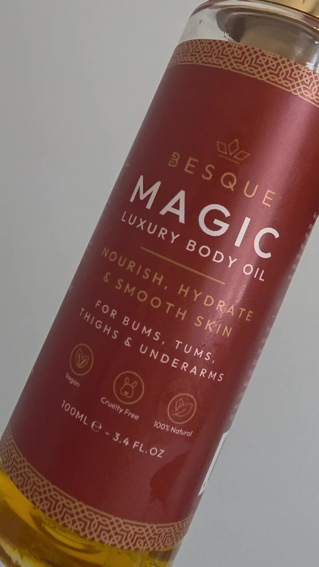 TikTok post by @rosebeautybuy for Besque. Caption reads: With this Besque body oil, it doesn't just sit on....