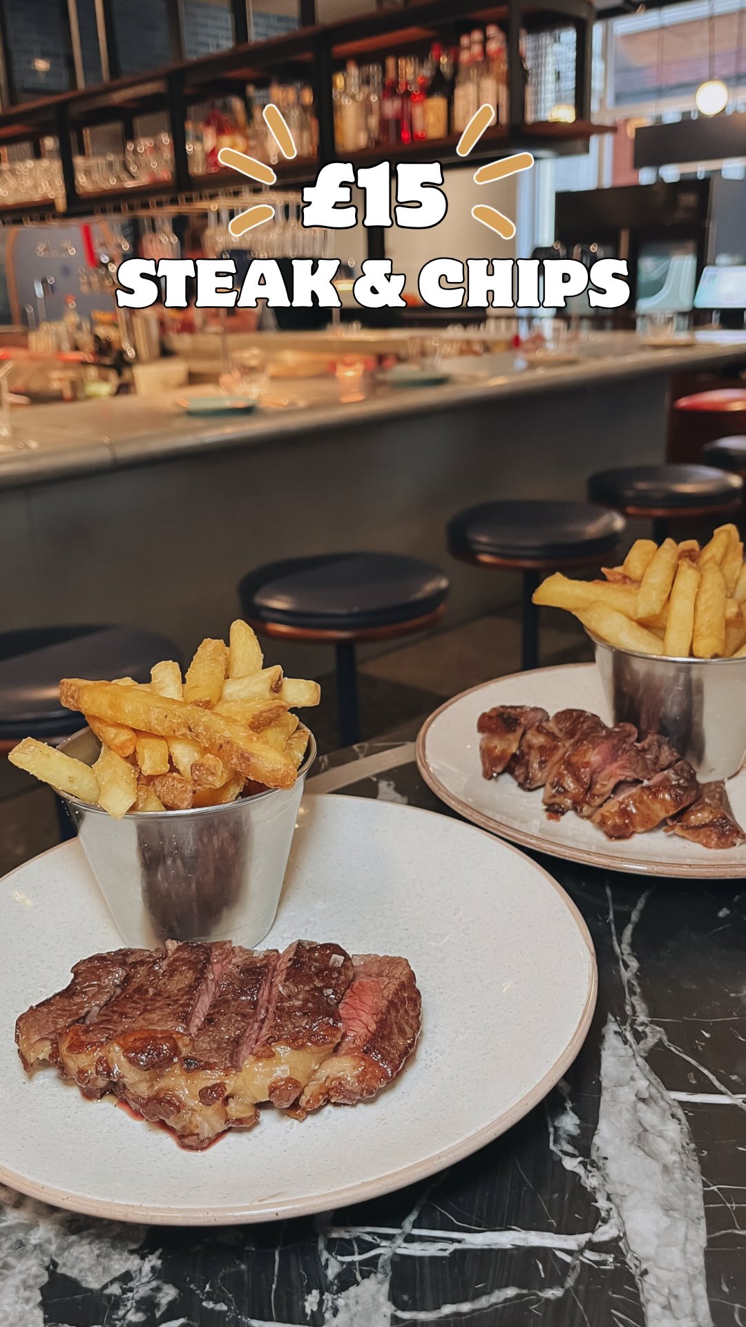 Instagram post by @london.travel.life for What's Up Life. Caption reads: 🥩🍟 £15 STEAK & CHIPS DEAL 🥩🍟 At Temper you can....