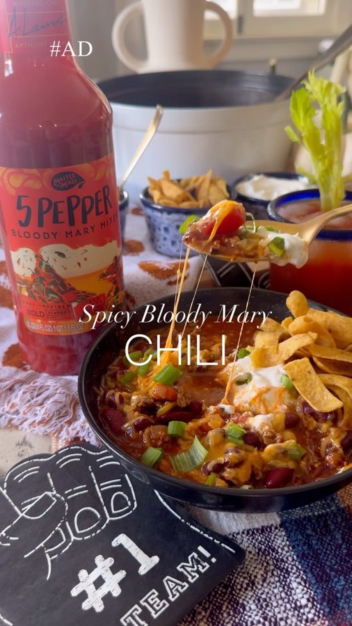 Instagram post by @freutcake for Master of Mixes. Caption reads: #ad Spicy Bloody Mary Chili! 🔥 This classic beef....