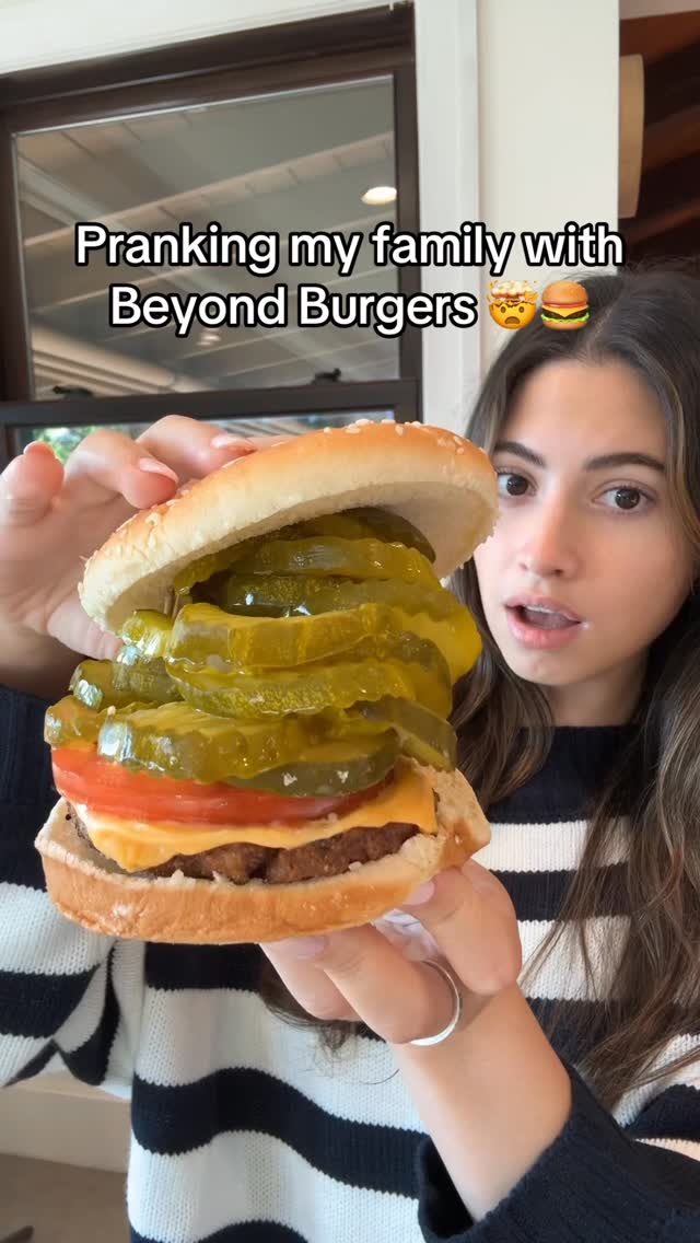 Instagram post by @itsmejuliette for Beyond Meat. Caption reads: POV: You prank your family with Beyond Burgers....