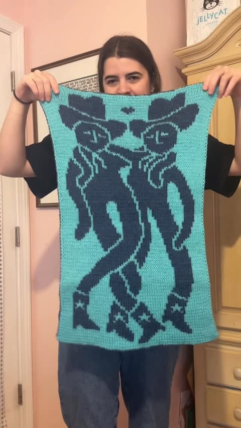 Instagram post by @johnelliotknits for Knit Picks. Caption reads: The making of the cowboy tapestry 🤠🩵🤠

Pattern:....
