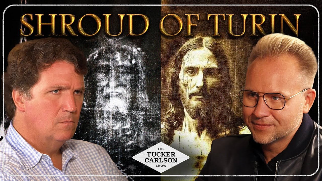 YouTube post by @TuckerCarlson for COZY EARTH. Caption reads: Jeremiah Johnston: Shroud of Turin, Dead Sea....