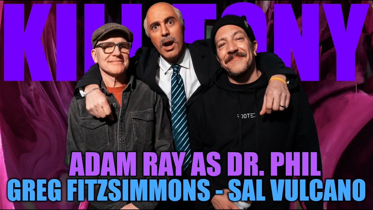 YouTube post by @KillTony for Tecovas. Caption reads: Adam Ray (Dr. Phil), Sal Vulcano, Greg....