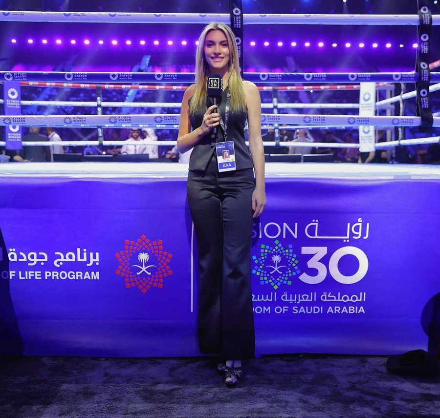 Instagram post by @emily.austin for Lavish Alice. Caption reads: [...] 
#BeterbievVBivol 🥊 #DAZN
Outfit by:....