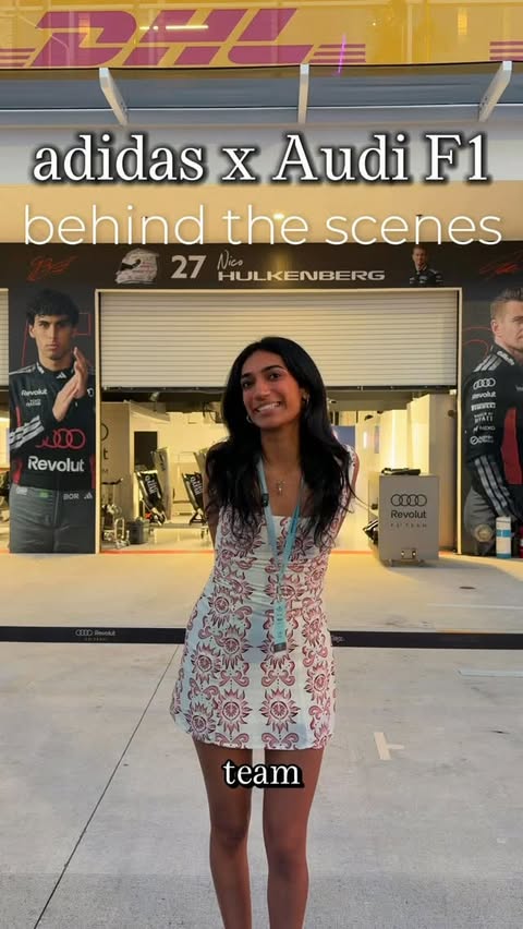 Instagram post by @nehaksridhar for adidas. Caption reads: learned so much about f1 with @adidas and @audif1....
