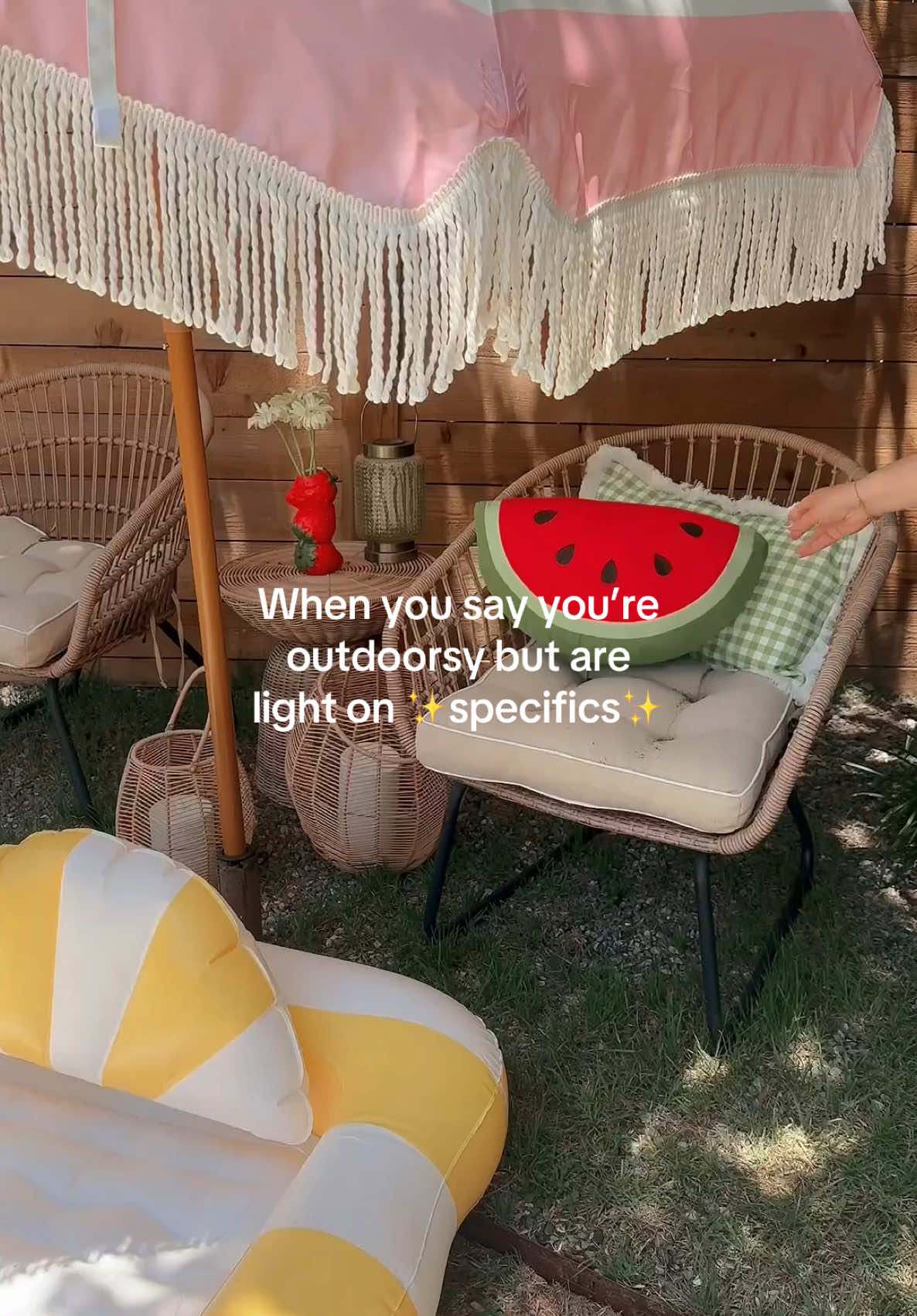 TikTok post by @flashesofstyle for hint. Caption reads: What I mean when I say I’m outdoorsy 🥰🌸📖 The....