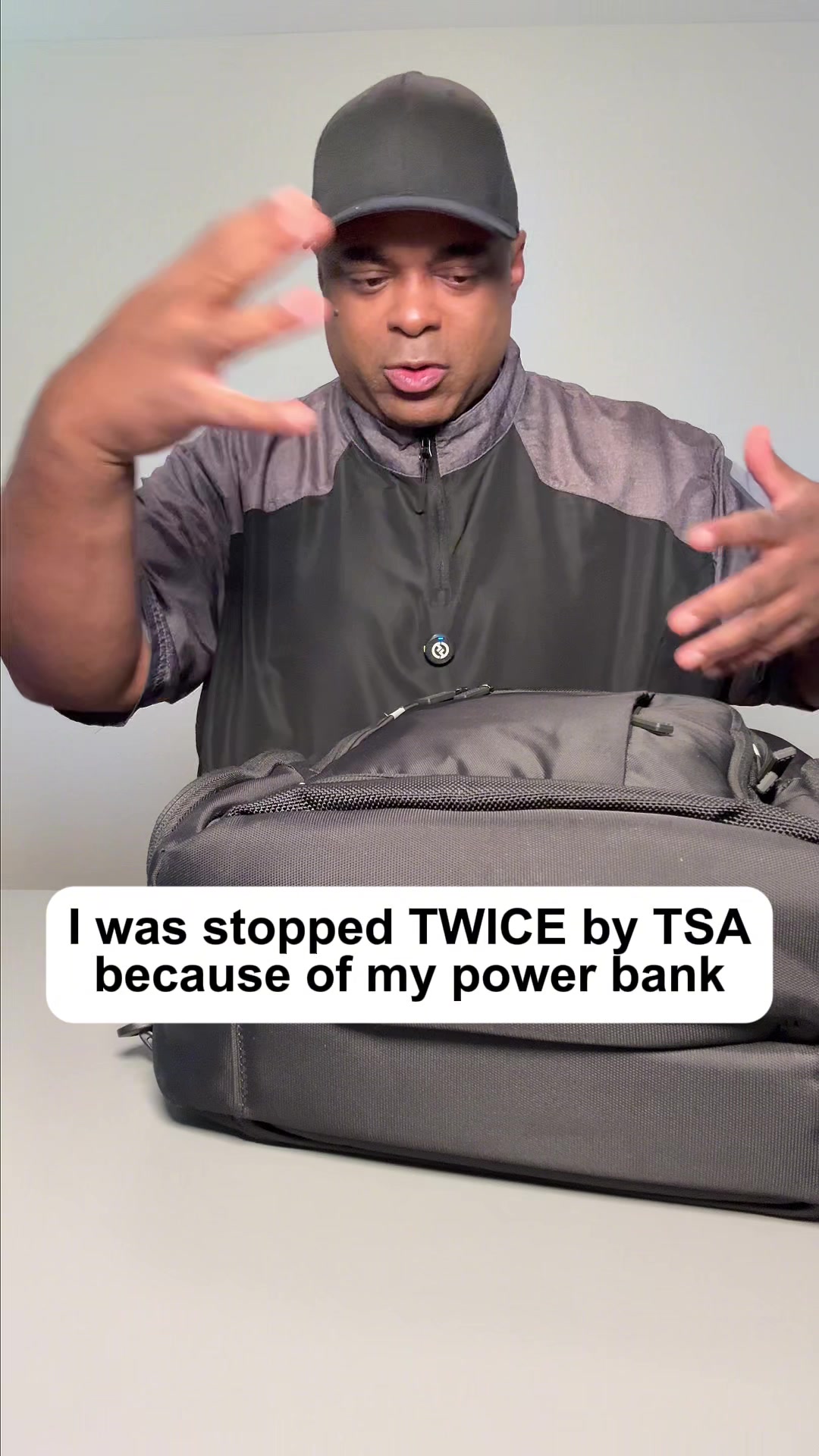 TikTok post by @lamarrwilson for Belkin. Caption reads: My backpack power bank got me stopped TWICE by TSA....