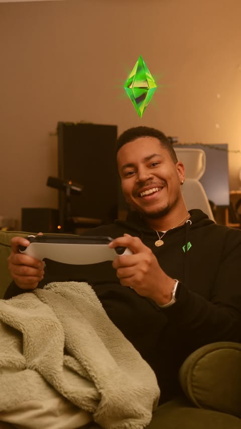 Instagram post by @fictionalfates for The Sims. Caption reads: [ad] this is your sign to have a cozy gaming night....