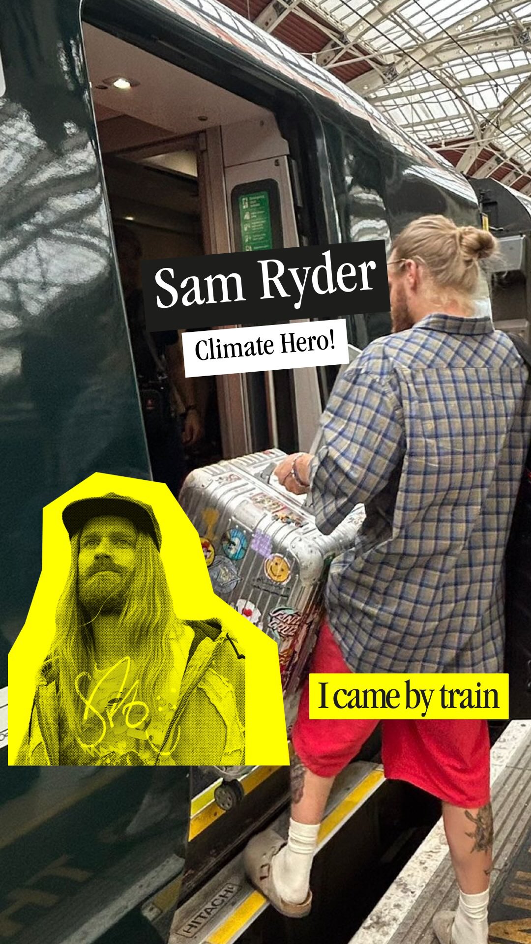 Instagram post by @samhairwolfryder for Trainline. Caption reads: Train Ryder ❤️’s you train-taking climate heroes!....