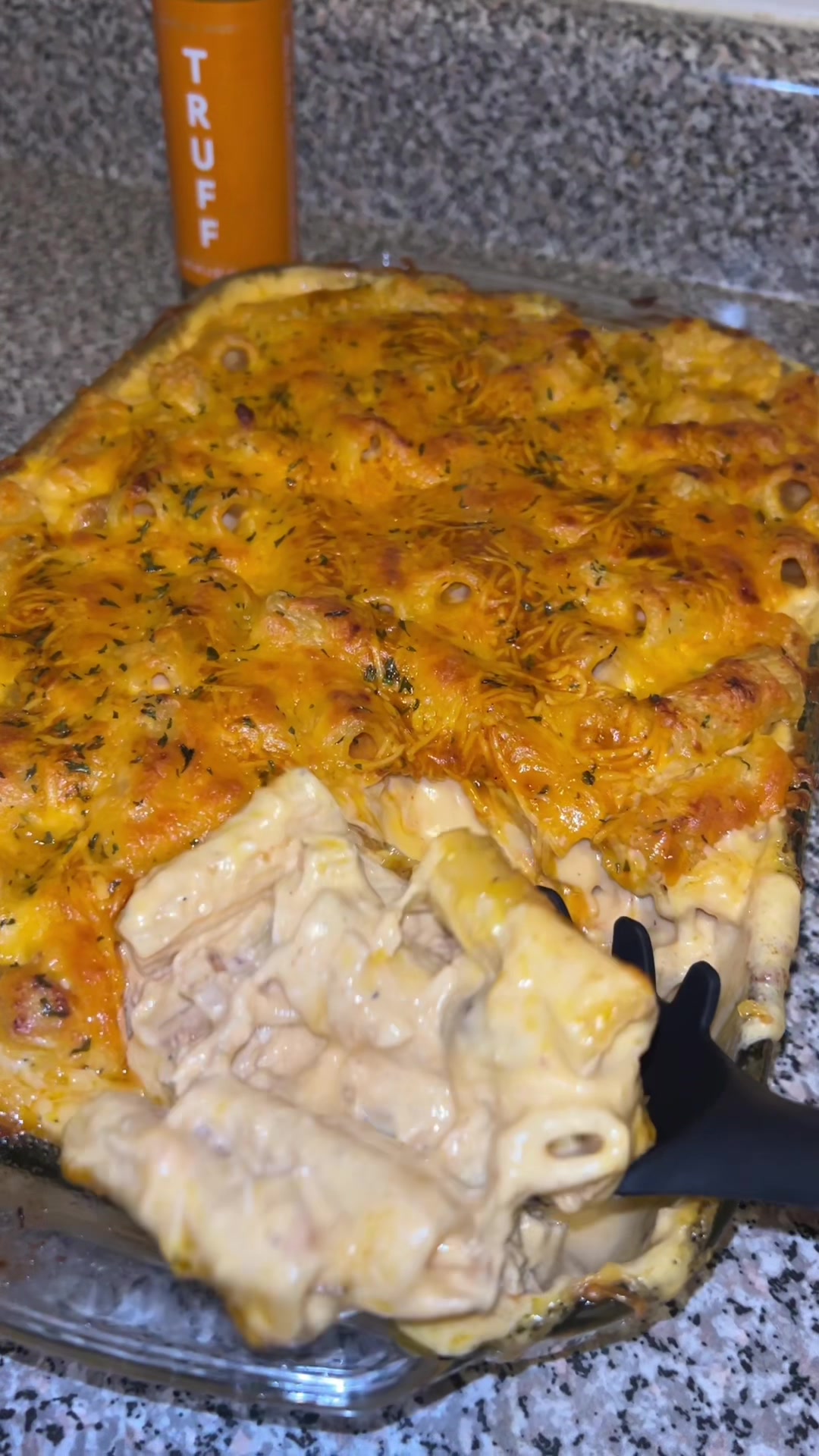 TikTok post by @kayllalewis for Truff. Caption reads: Buffalo chicken pasta with @TRUFF Hot Sauce....