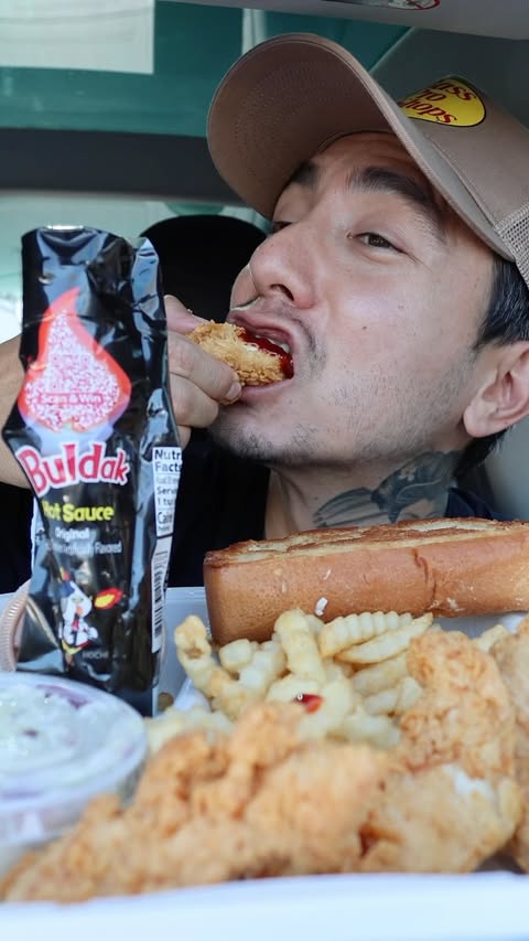 Instagram post by @vartanfresh for Buldak. Caption reads: Chicken tenders with Buldak Original Hot Sauce....
