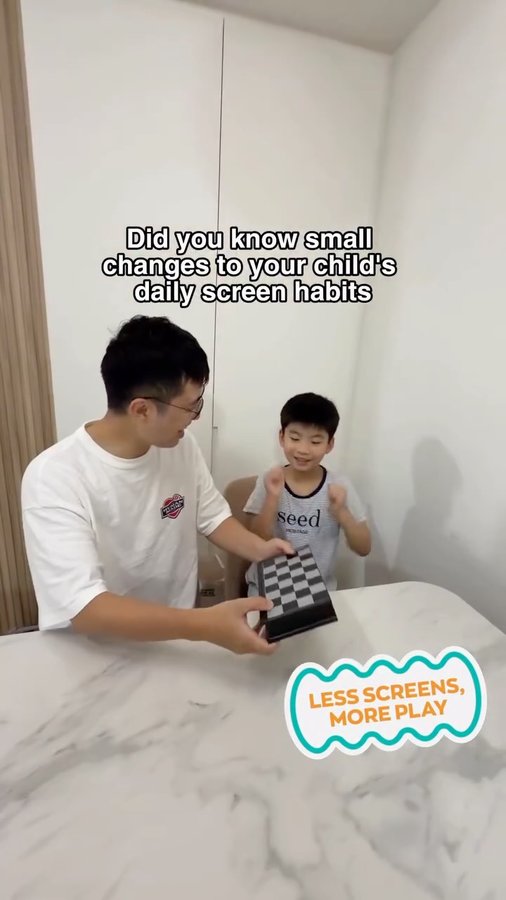Instagram post by @daddy.xj for Health Promotion Board. Caption reads: Less screen, more play! 🌿✨ 
Kids learn best....