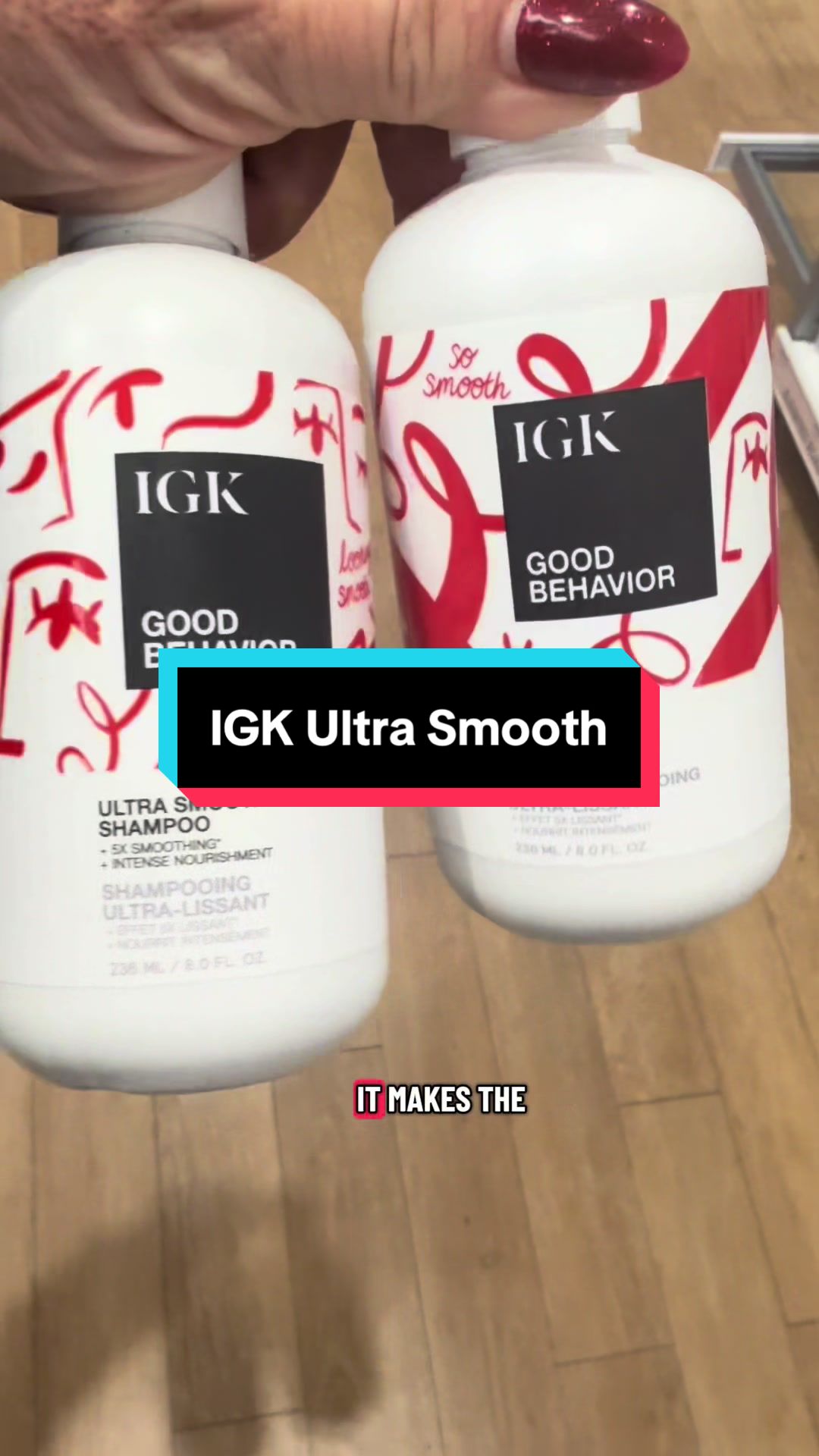 TikTok post by @hairbykariella for IGK Hair. Caption reads: @IGK Hair Good Behavior Ultra Smooth [...].