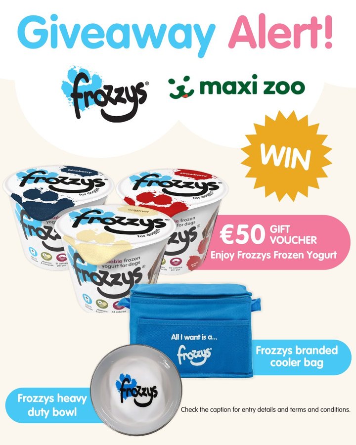 Instagram post by @maxizooireland for Frozzys. Caption reads: [...] 𝗔𝗹𝗲𝗿𝘁!🎉 We’ve teamed up with....
