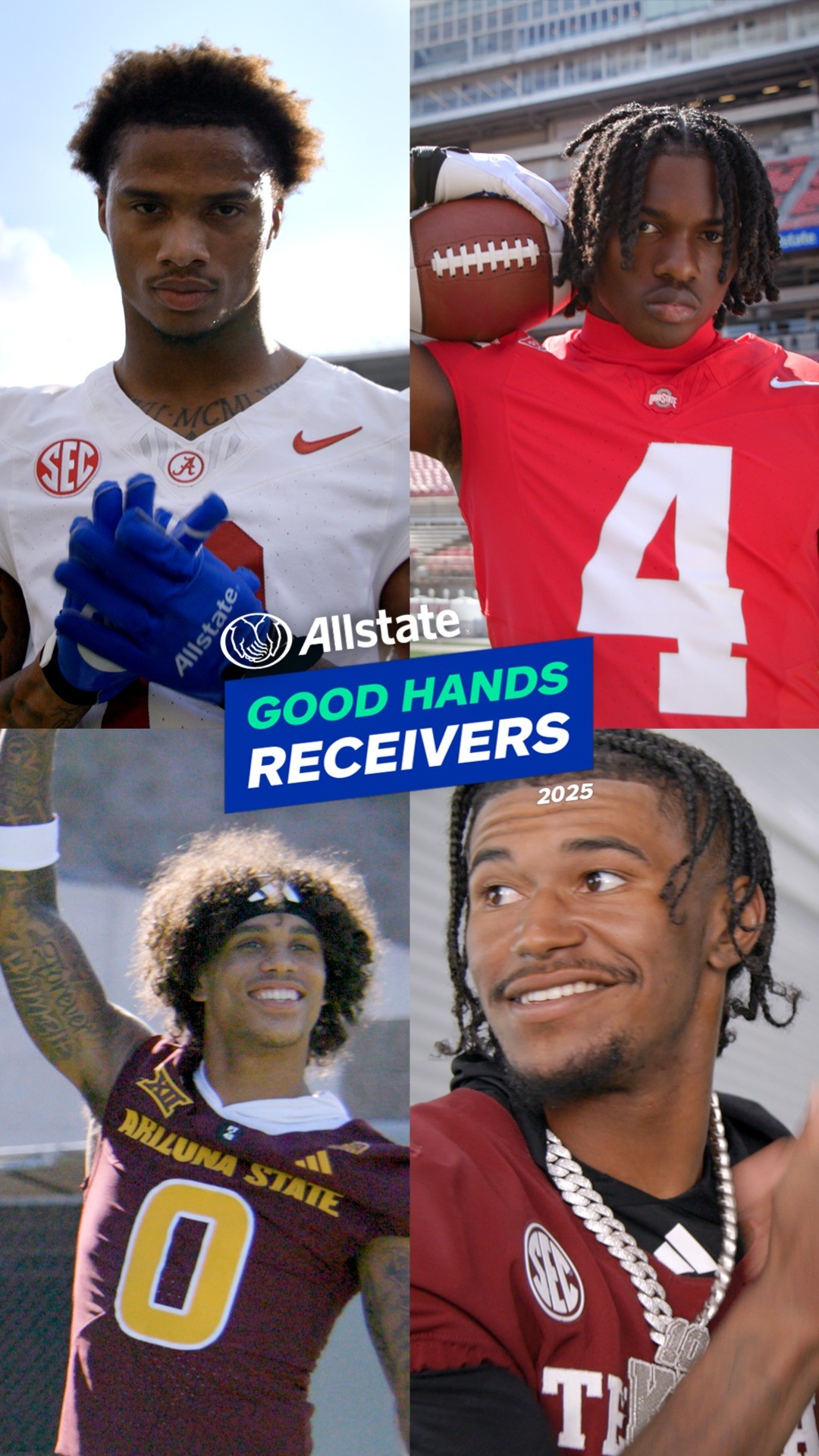 Instagram post by @jordyntyson_ for Allstate. Caption reads: Announcing the 2025 Allstate Good Hands Receivers!....