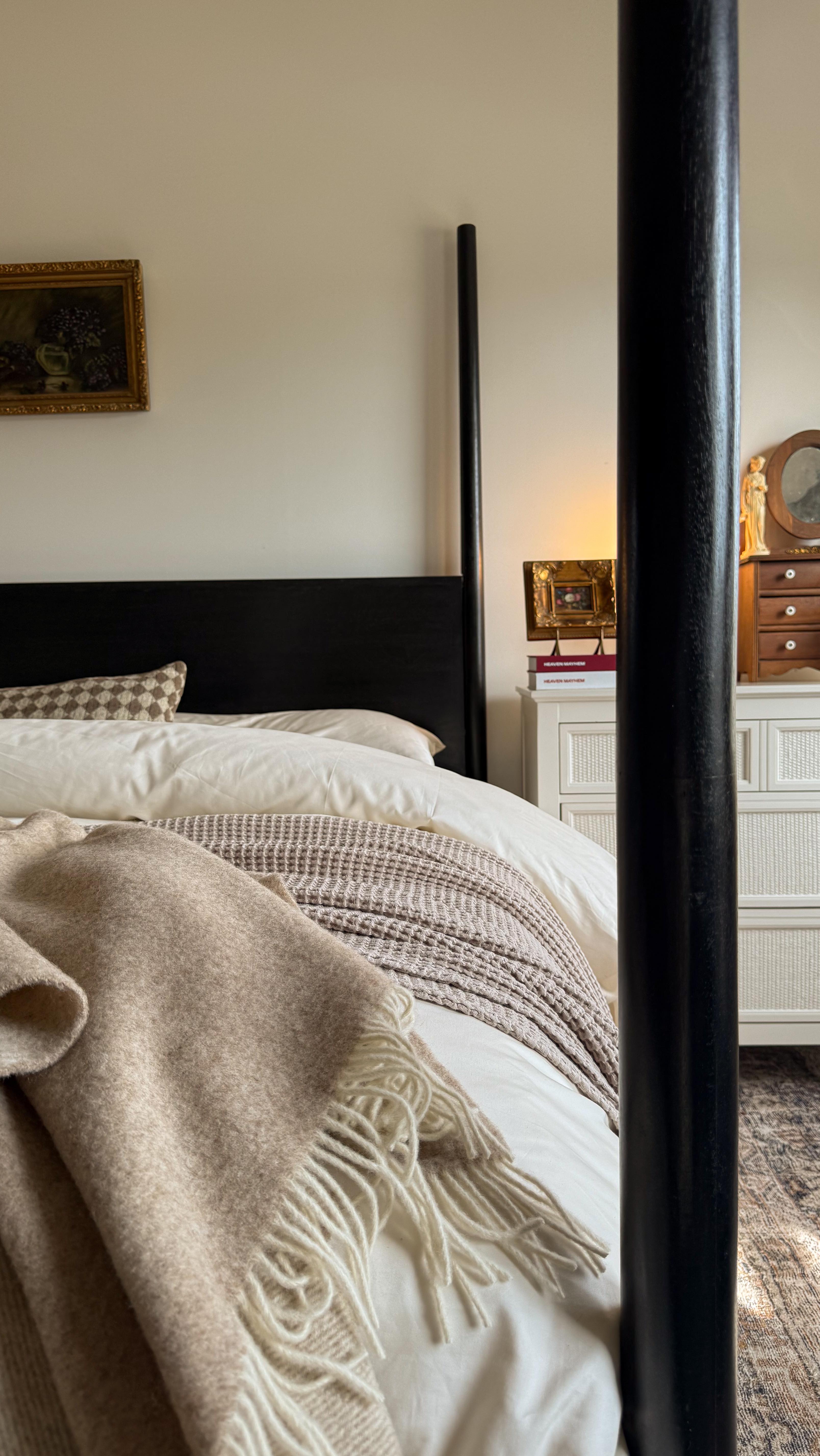 Instagram post by @peonyandhoney for Brooklinen. Caption reads: Comment BEDROOM for links!  I made my bedroom....