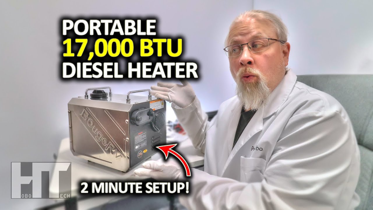 YouTube post by @HOBOTECH for BougeRV. Caption reads: BougeRV Portable 17k BTU All In One Diesel Heater....