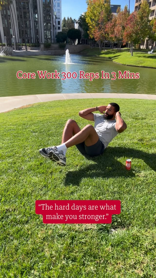 Instagram post by @ericbigger for INTO THE AM. Caption reads: #FitFriday Core Work 300 Reps in 3 Mins ✨💪🏽

•....