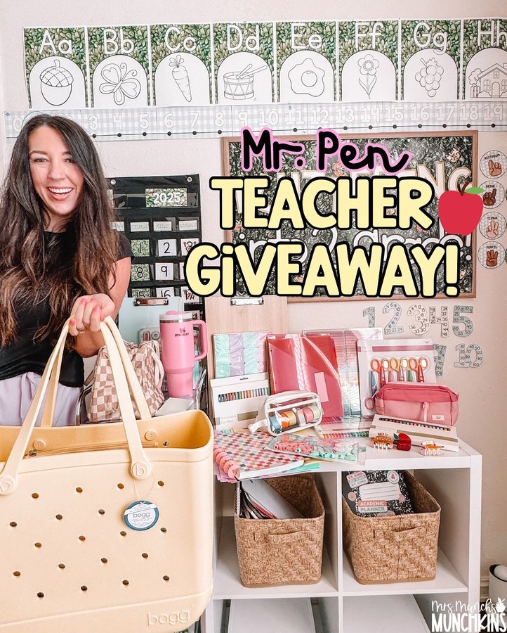 Instagram post by @mrsmunchsmunchkins for Mr. Pen. Caption reads: 🚫NOW CLOSED🚫TEACHER GIVEAWAY!! 🍎✨📓 Thank you....