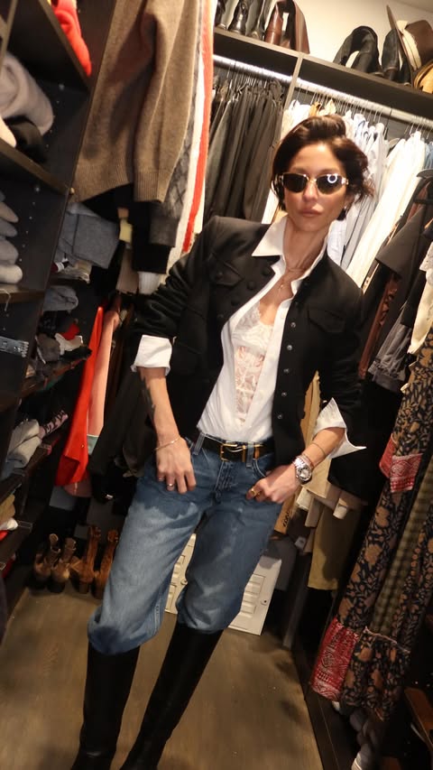 Instagram post by @thesofiakarvela for rag & bone. Caption reads: @ragandbone Mercer Blazer paired with the low rise....