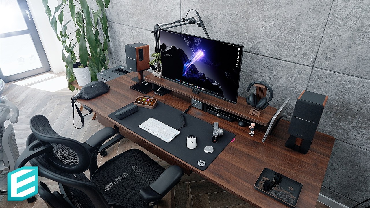YouTube post by @ThisIsE for Fashion Force Finds. Caption reads: NEW Studio…3 NEW Desk Setups.