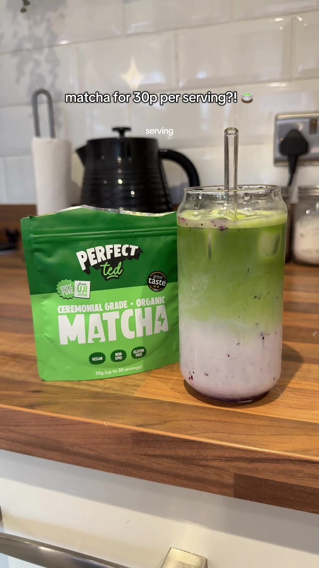 TikTok post by @ellies_picks for PerfectTed. Caption reads: [...] #blueberrymatcha #matchaathome #perfectted....