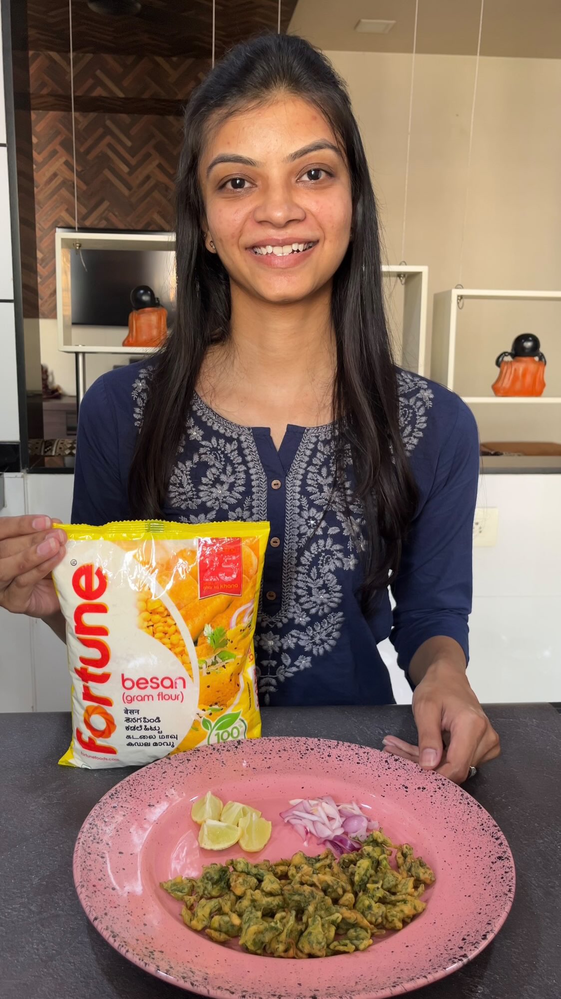 Instagram post by @elegant_flavour for Fortune Foods. Caption reads: Kumbhaniya Bhajiya 
.
Rains anytime of the year....