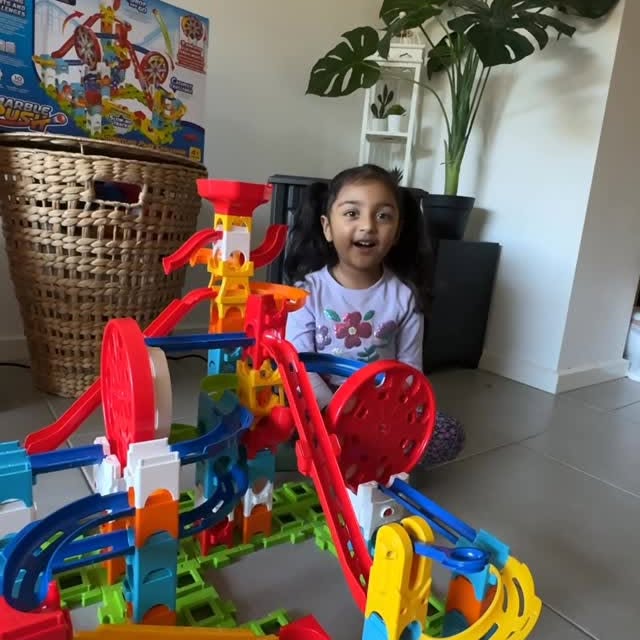 Instagram post by @saranate_ for VTech Toys USA. Caption reads: Marble madness in our house 🎉 My 4-year-old is....